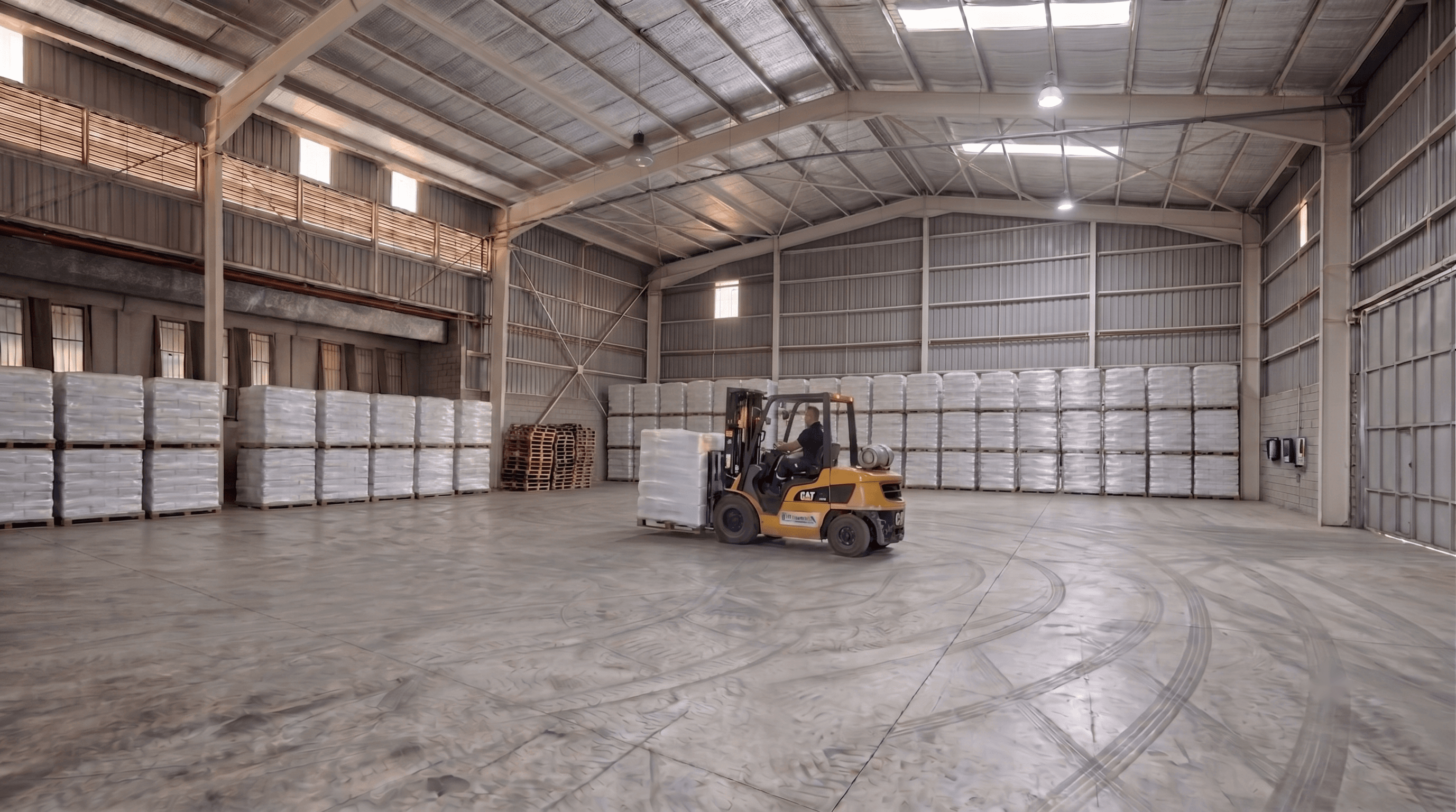 Interior de galpón industrial de Francia S.A. con autoelevador y racks selectivos